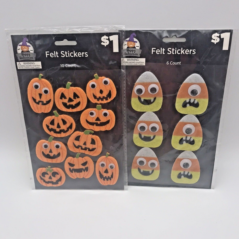 2 Jack O'Lantern Pumpkins & Candy Corn Halloween Googly Eye Felt Craft Stickers